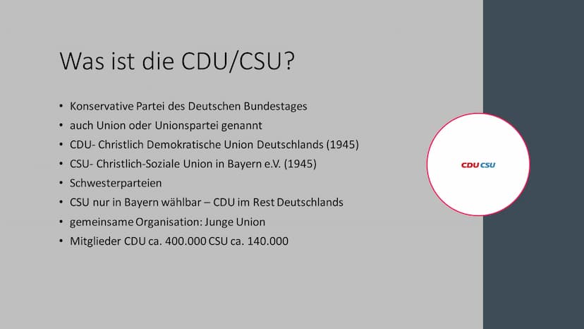 CDU
CSU
CDU/CSU Was ist die CDU/CSU?
• Konservative Partei des Deutschen Bundestages
• auch Union oder Unionspartei genannt
CDU- Christlich 