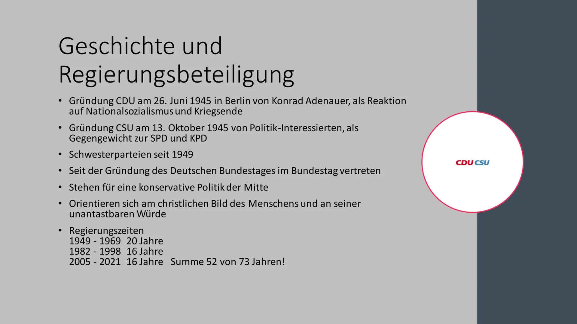 CDU
CSU
CDU/CSU Was ist die CDU/CSU?
• Konservative Partei des Deutschen Bundestages
• auch Union oder Unionspartei genannt
CDU- Christlich 