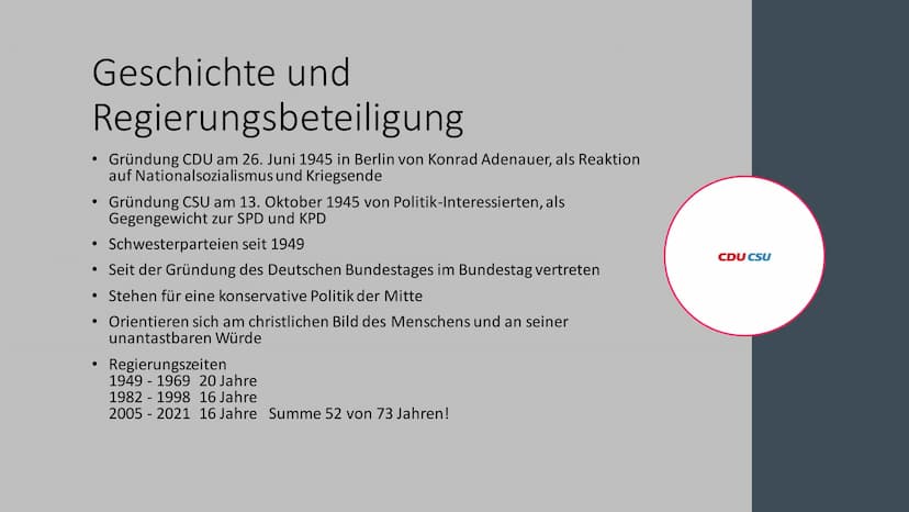 CDU
CSU
CDU/CSU Was ist die CDU/CSU?
• Konservative Partei des Deutschen Bundestages
• auch Union oder Unionspartei genannt
CDU- Christlich 
