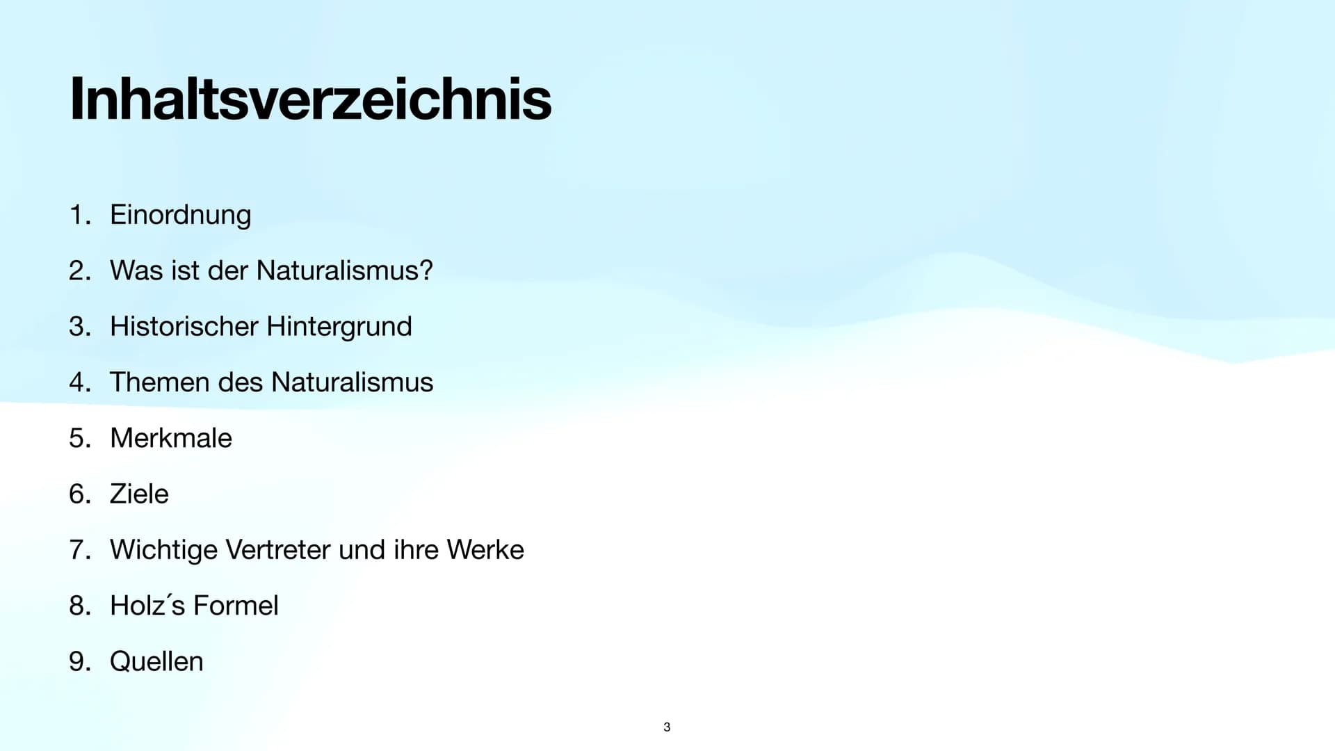 Der Naturalismus
Deutsch Leistungskurs, Q1
1 Naturalismus Epoche:
Wissenschaft trifft Literatur
(1880-1900)
2 Inhaltsverzeichnis
1. Einordnu