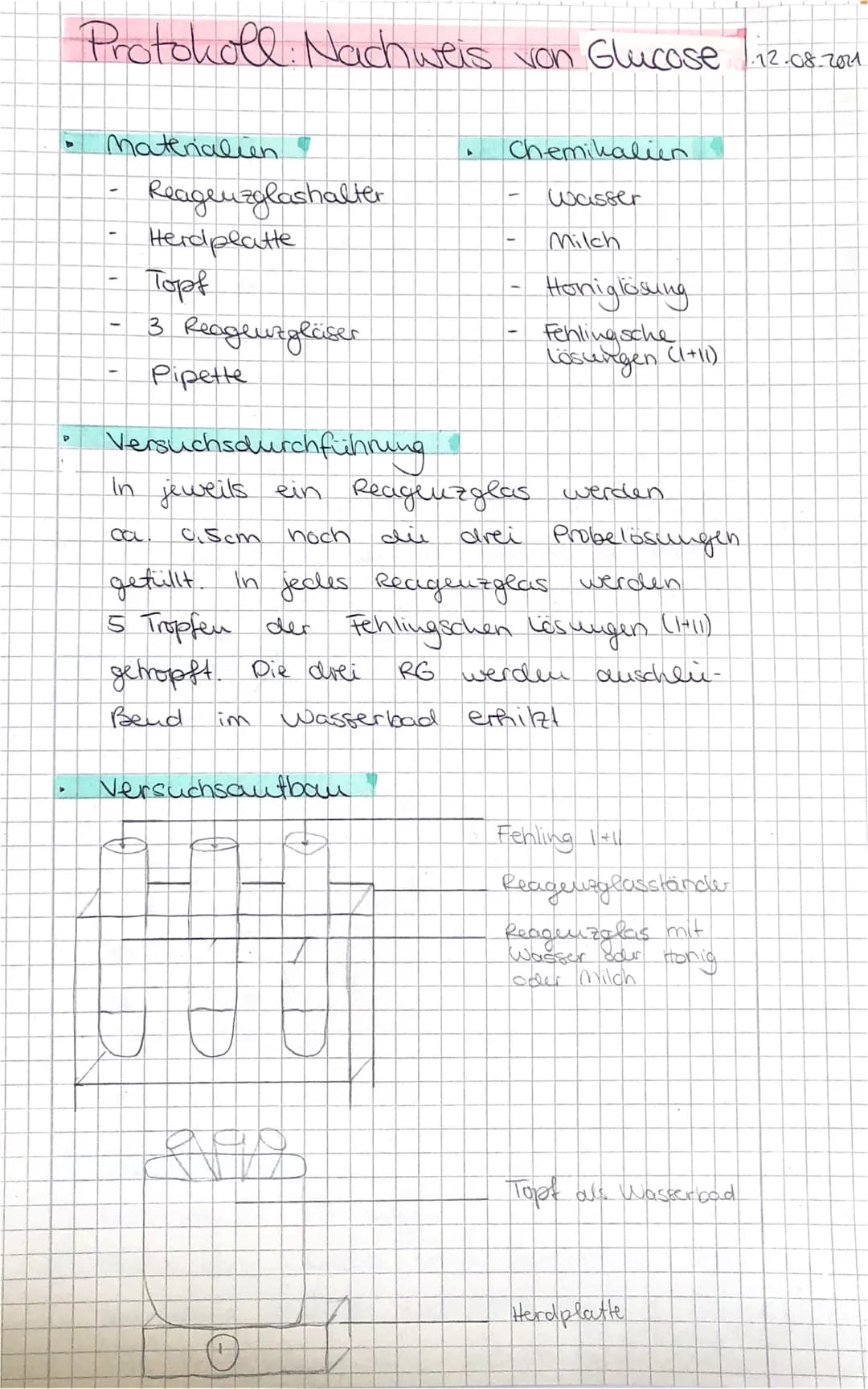 ►
P
▶
Protokoll: Nachweis von Glucose /.12.08.20171
Materialien
T
Reagenzglashalter
Herdplatte
Topf
3 Reaglurglaiser
Pipette
im
b
Versuchsdu