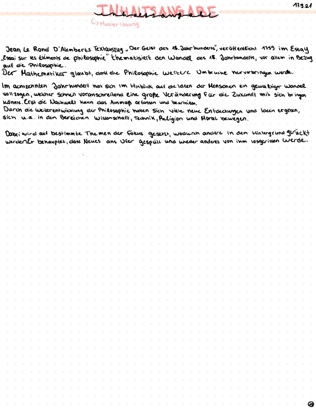 Thusets ang ARE
sangale
C> Muster lösung
17.9.21
Jean Le Rond D'Alemberts Textauszug. Der Geist des 18. Jahrhunderts", veröffentlicht 1759 i