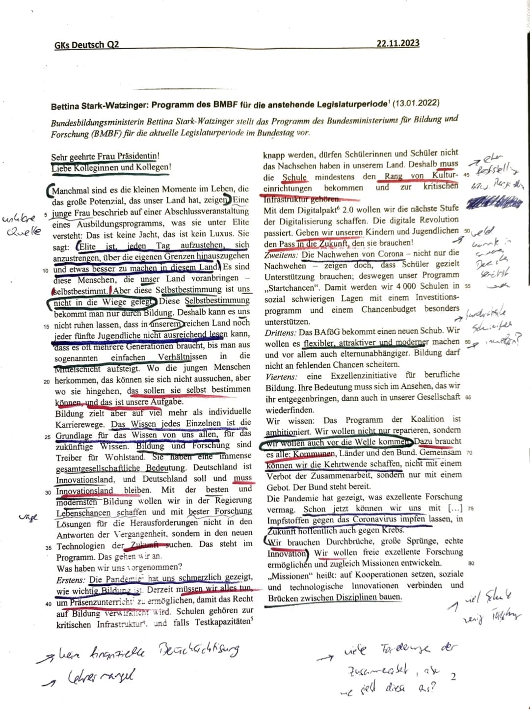 GKs Deutsch Q2
Klausur Nr. 2
Redeanalyse
Aufgabenart II A: Analyse eines Sachtextes
22.11.2023
(Zeit: 180 Minuten)
Aufgabenstellung:
1. Anal