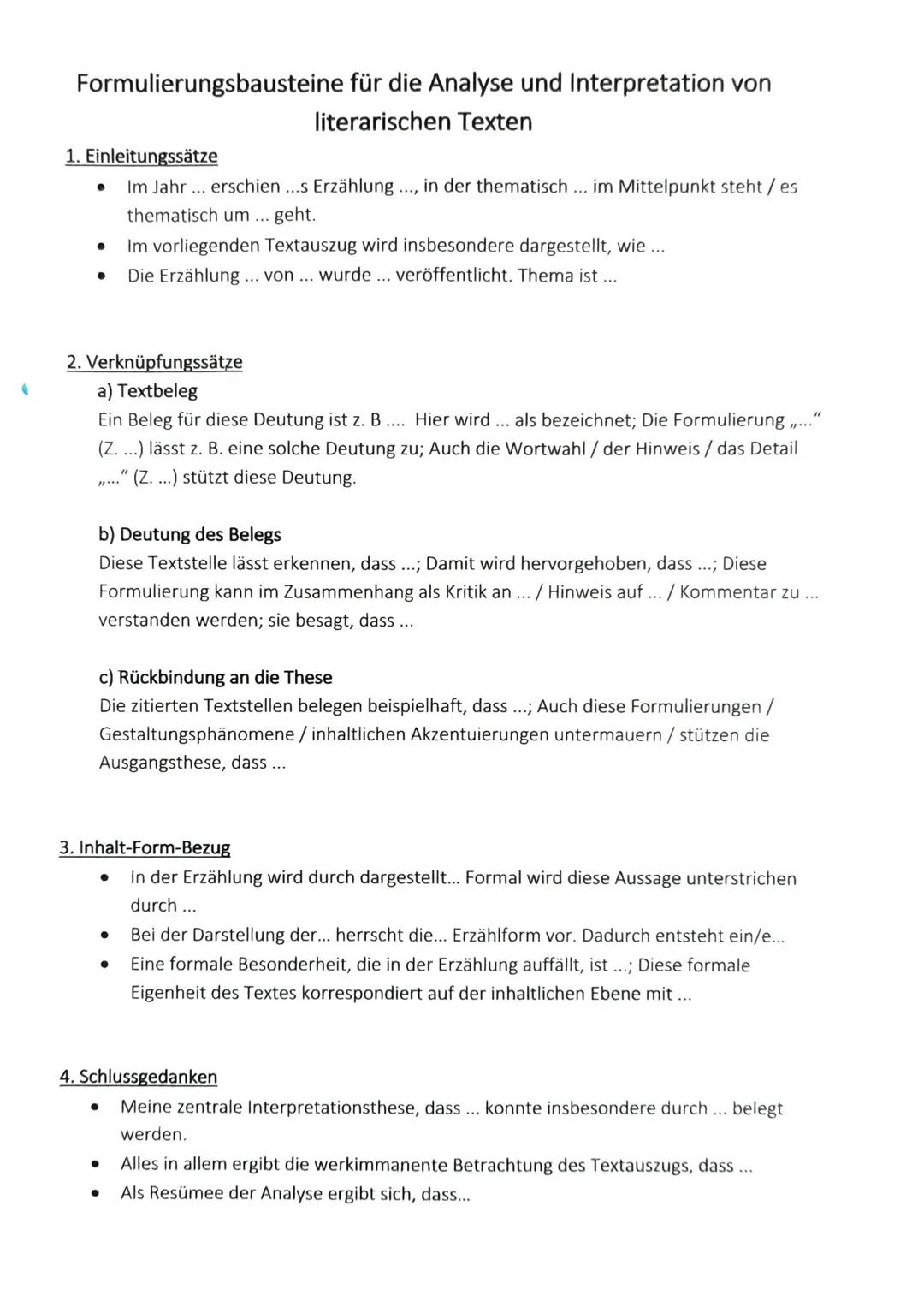 Formulierungsbausteine für die Analyse und Interpretation von
literarischen Texten

1. Einleitungssätze

*   Im Jahr ... erschien ...s Erzäh