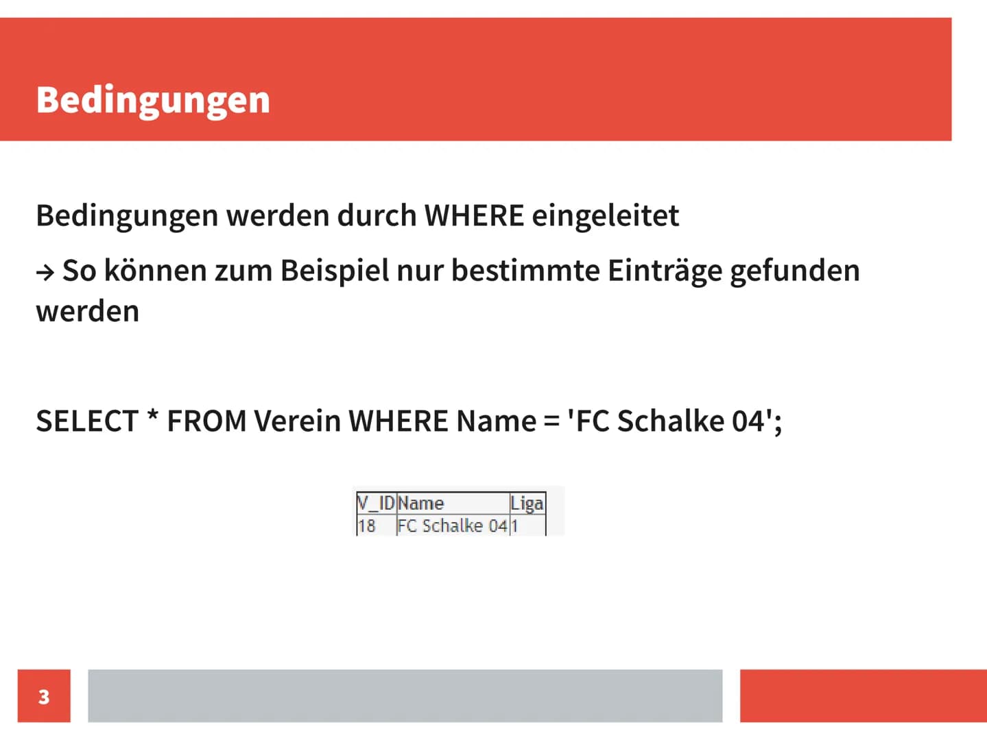 Grundstruktur
Jede SELECT Abfrage beginnt mit dem Befehl SELECT
→ gefolgt von dem, was man haben möchte
(Auswahl der Spalten, Alternativ all