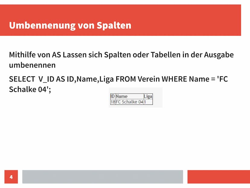 Grundstruktur
Jede SELECT Abfrage beginnt mit dem Befehl SELECT
→ gefolgt von dem, was man haben möchte
(Auswahl der Spalten, Alternativ all