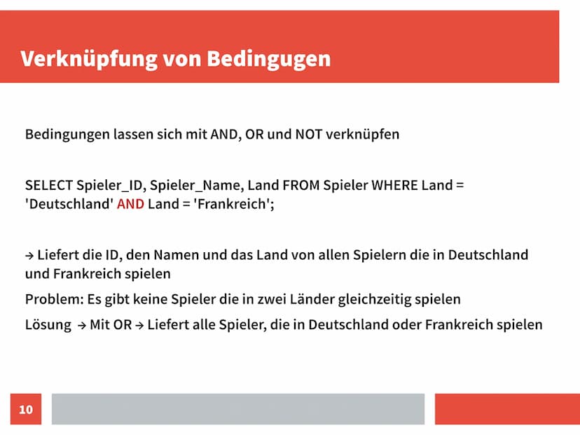 Grundstruktur
Jede SELECT Abfrage beginnt mit dem Befehl SELECT
→ gefolgt von dem, was man haben möchte
(Auswahl der Spalten, Alternativ all