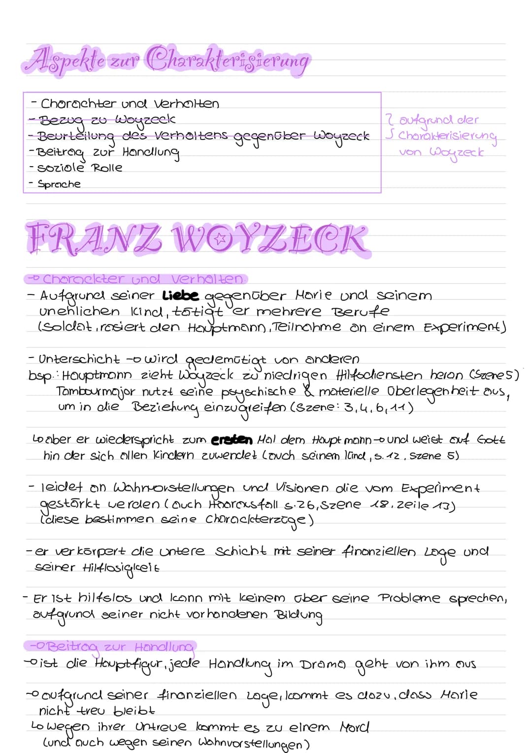 Aspekte zur Charakterisierung
• Charachter und Verhalten
- Bezug zu Woyzeck
- Beurteilung des Verhaltens gegenüber Woyzeck
-Beitrag zur Hand