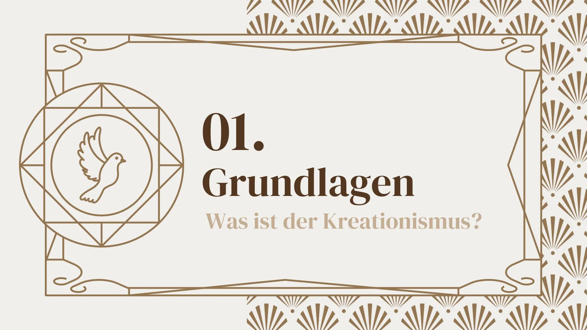 +
Kreationismus
,,Die Schöpfungstheorie"
Tamia Schwarzkopf, A23MA1 01.
Grundlage
Was ist der Kreationismus?
Gliederung
02.
Varianten
Welche 