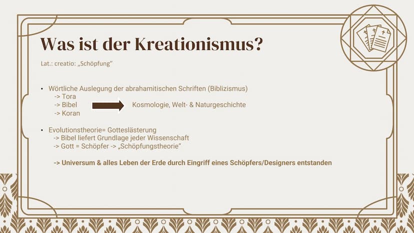 +
Kreationismus
,,Die Schöpfungstheorie"
Tamia Schwarzkopf, A23MA1 01.
Grundlage
Was ist der Kreationismus?
Gliederung
02.
Varianten
Welche 