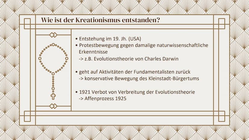 +
Kreationismus
,,Die Schöpfungstheorie"
Tamia Schwarzkopf, A23MA1 01.
Grundlage
Was ist der Kreationismus?
Gliederung
02.
Varianten
Welche 