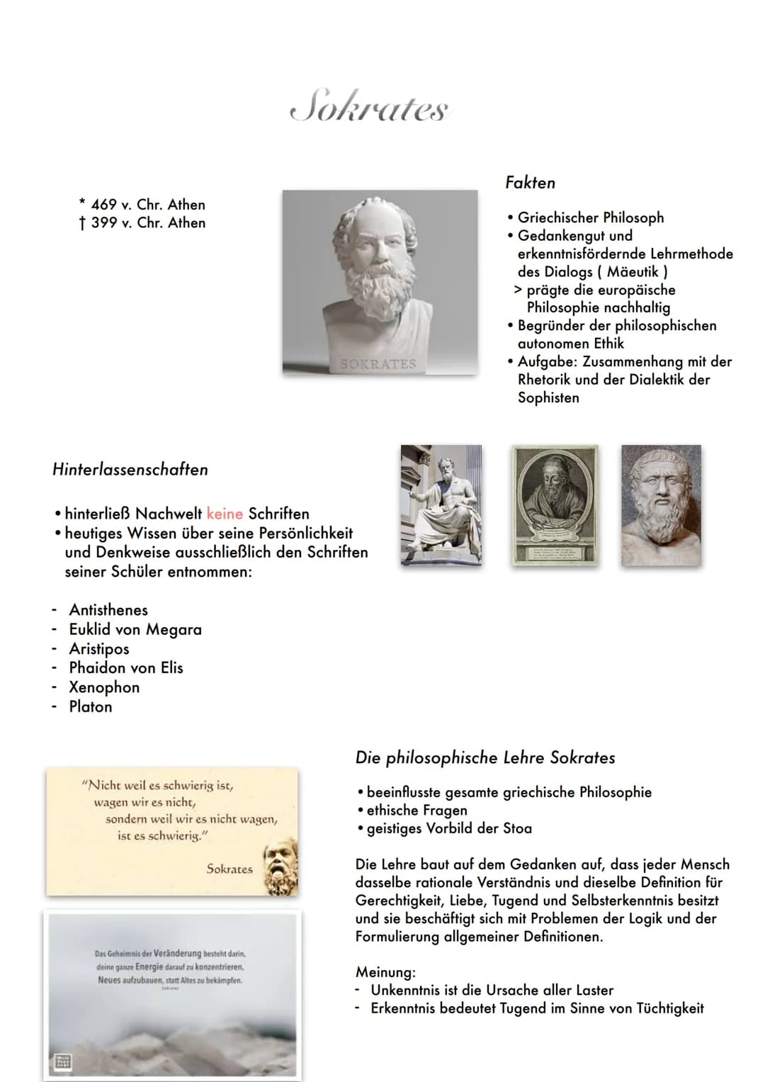 * 469 v. Chr. Athen
† 399 v. Chr. Athen
Hinterlassenschaften
- Antisthenes
-
• hinterließ Nachwelt keine Schriften
• heutiges Wissen über se