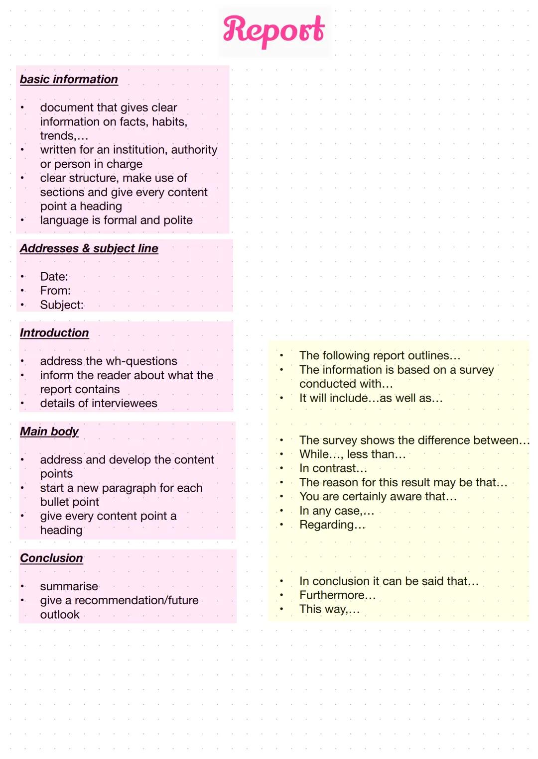 # Report

## basic information

- document that gives clear
information on facts, habits,
trends,...
- written for an institution, authority