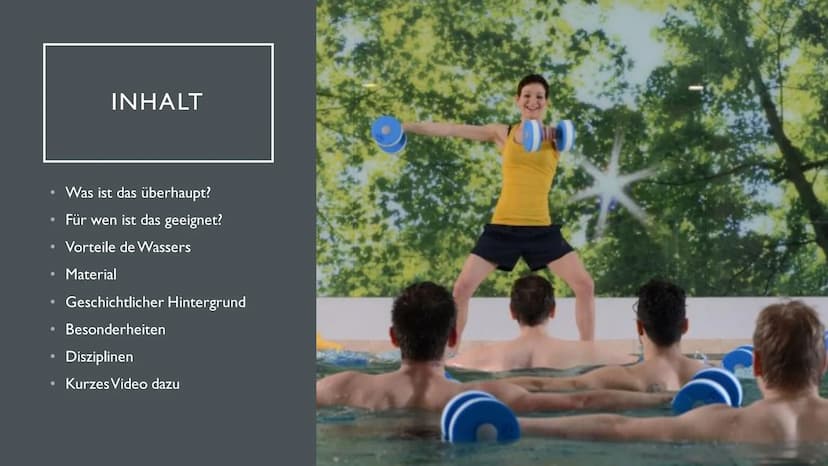 2
WASSERFITNESS ●
●
●
●
INHALT
Was ist das überhaupt?
Für wen ist das geeignet?
Vorteile de Wassers
Material
Geschichtlicher Hintergrund
Bes