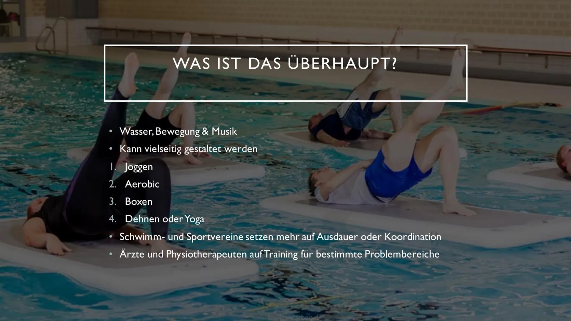 2
WASSERFITNESS ●
●
●
●
INHALT
Was ist das überhaupt?
Für wen ist das geeignet?
Vorteile de Wassers
Material
Geschichtlicher Hintergrund
Bes