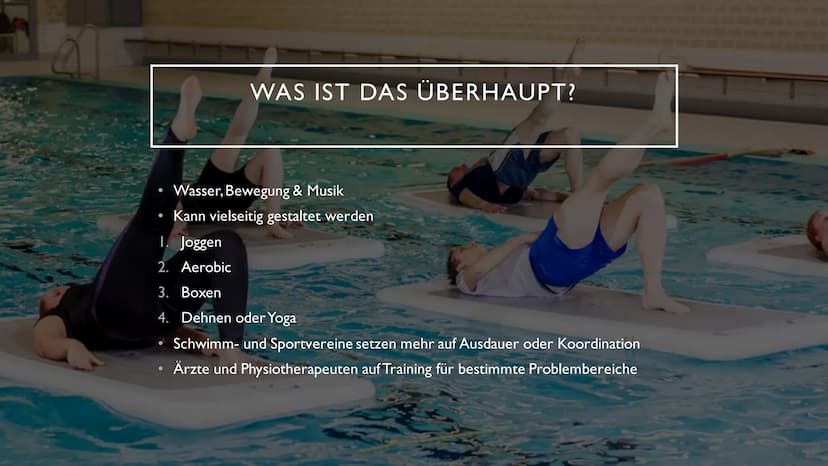 2
WASSERFITNESS ●
●
●
●
INHALT
Was ist das überhaupt?
Für wen ist das geeignet?
Vorteile de Wassers
Material
Geschichtlicher Hintergrund
Bes