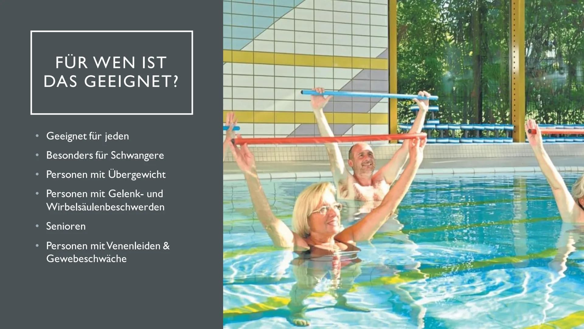 2
WASSERFITNESS ●
●
●
●
INHALT
Was ist das überhaupt?
Für wen ist das geeignet?
Vorteile de Wassers
Material
Geschichtlicher Hintergrund
Bes