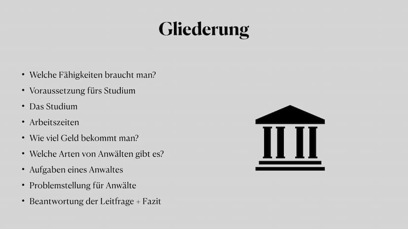 Rechtsanwalt/-wältin
Ein (un-) moralischer Beruf? ●
●
●
●
●
●
●
Welche Fähigkeiten braucht man?
Voraussetzung fürs Studium
Das Studium
Glied