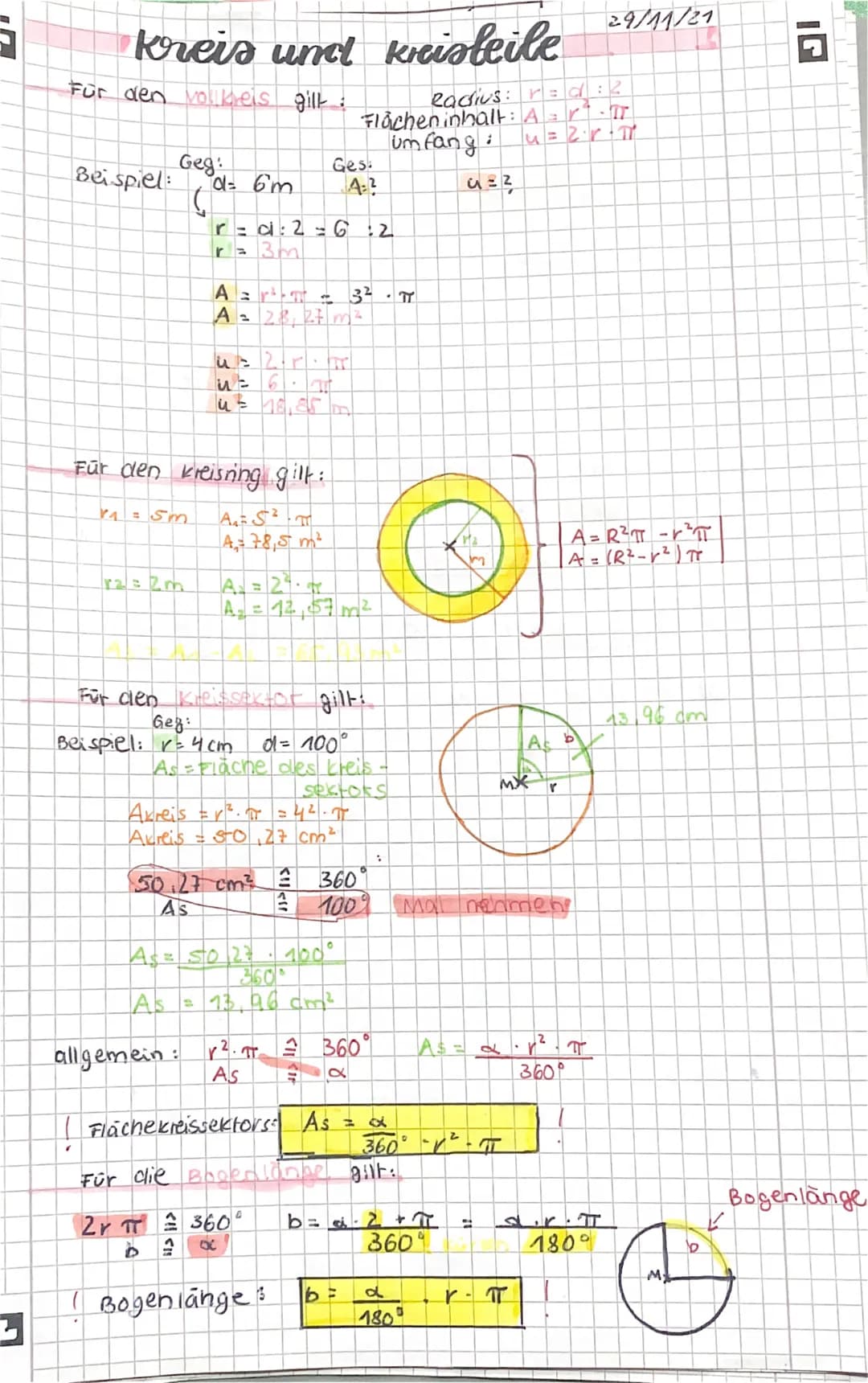 kreis und kristeile
Für den vollkreis gilt.
Beispiel:
Geg:
C
α= 6'm
r2 = 2m
r=c: 2-6
r = 3m
A = ²π = 3²
A =
28, 27 m²
us
u = 18,85 m
Für den