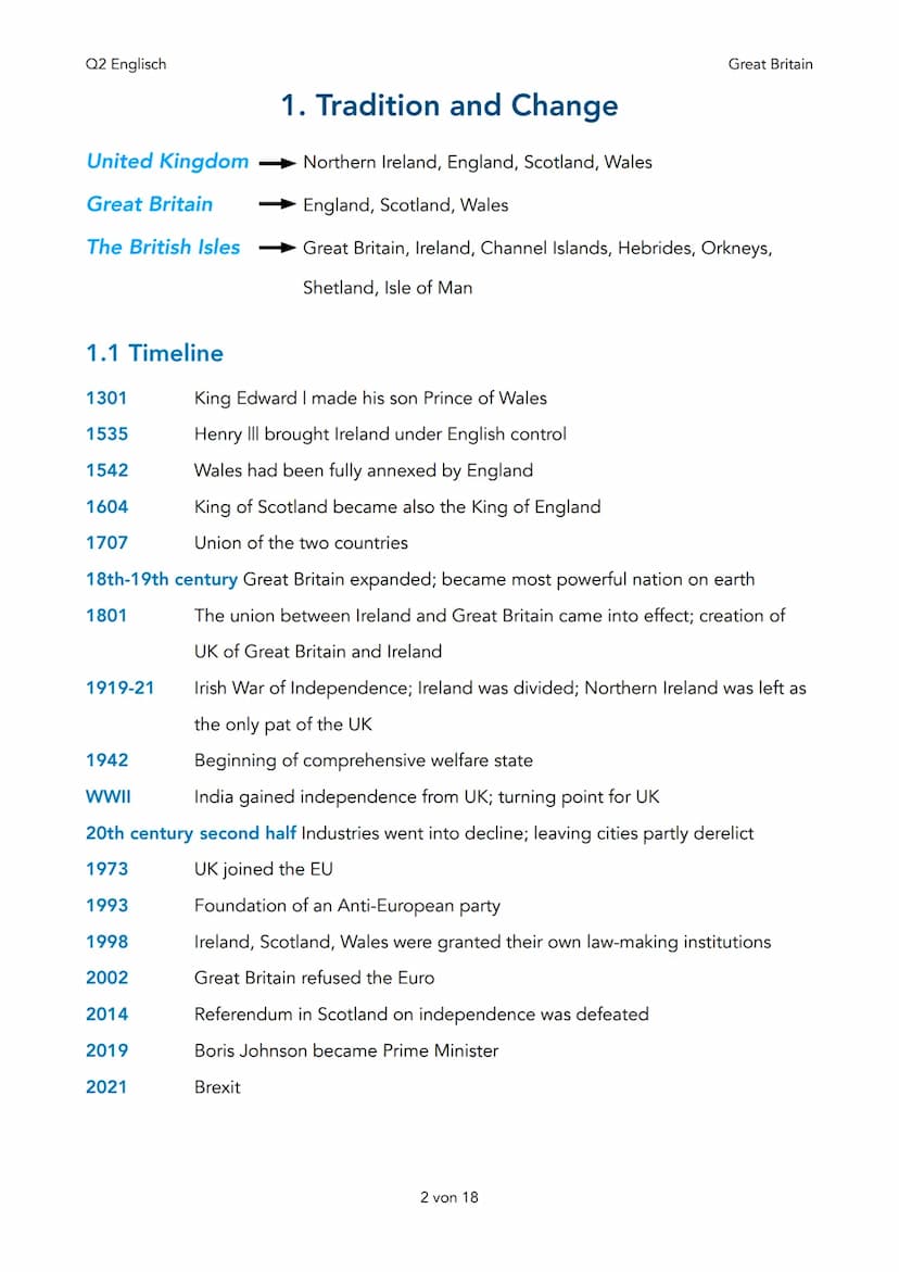 Q2 Englisch
Q2 Great Britain - Past and Present
1. Tradition and Change
1. Timeline
2. The Kingdom unites and disunites?
3. North-South Divi