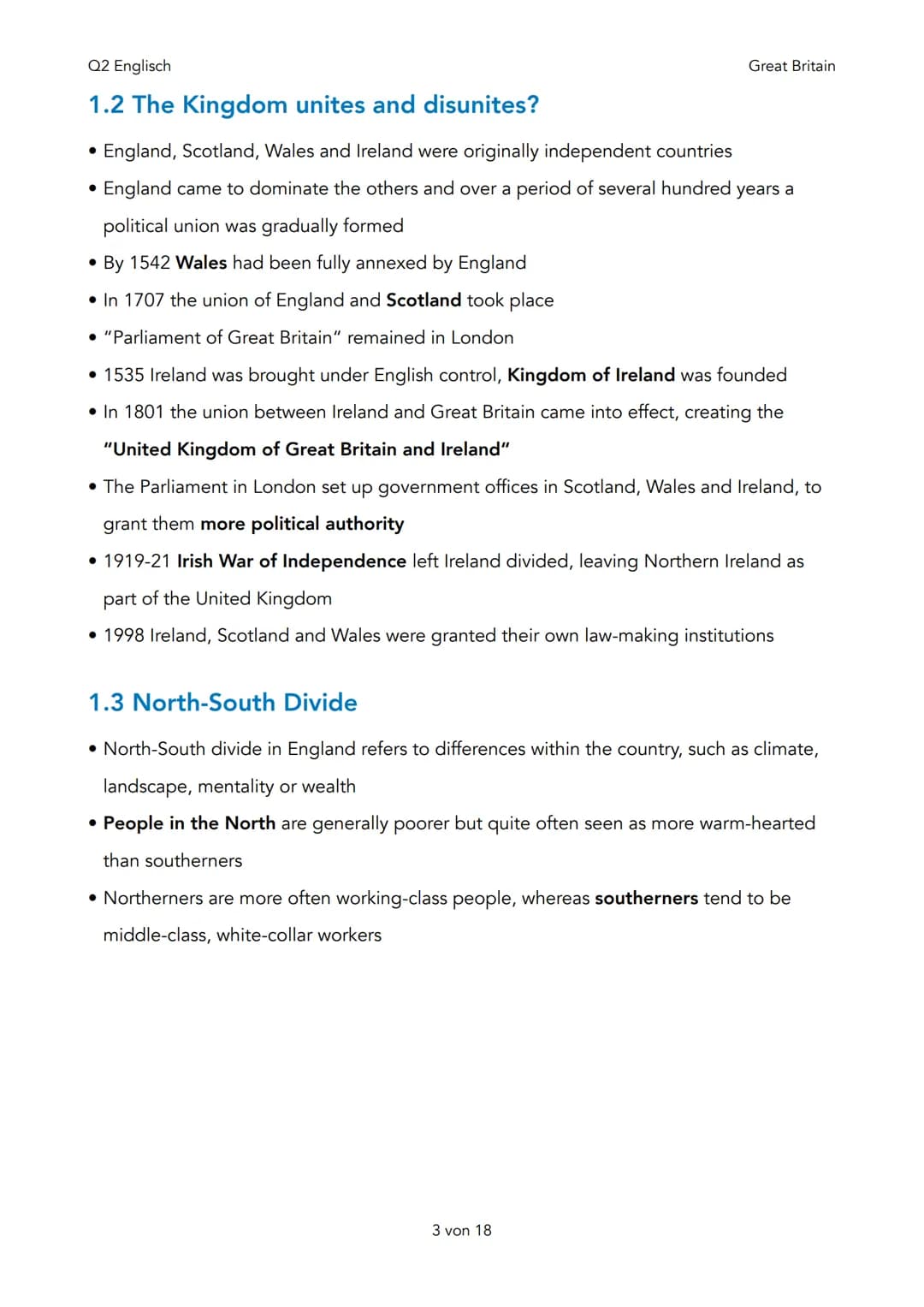 Q2 Englisch
Q2 Great Britain - Past and Present
1. Tradition and Change
1. Timeline
2. The Kingdom unites and disunites?
3. North-South Divi