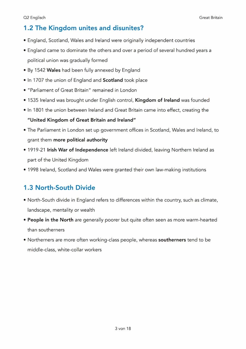 Q2 Englisch
Q2 Great Britain - Past and Present
1. Tradition and Change
1. Timeline
2. The Kingdom unites and disunites?
3. North-South Divi