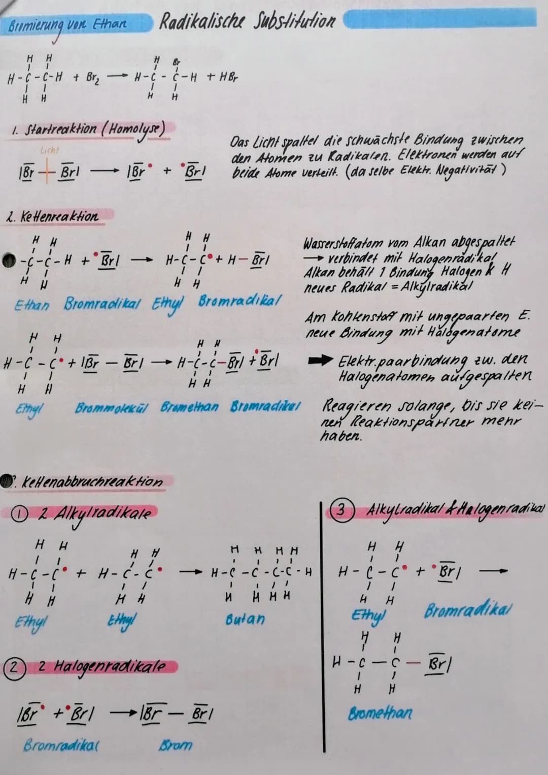Bromierung u
Von Ethan
HH
1
H-C-C-H + Br₂
HH
|Br
·Brl
1. Startreaktion (Homolyse)
Licht
-
2. Ke Henreaktion
H H
-H-C-Ć - H + H Br
7-M
|Br
Ra