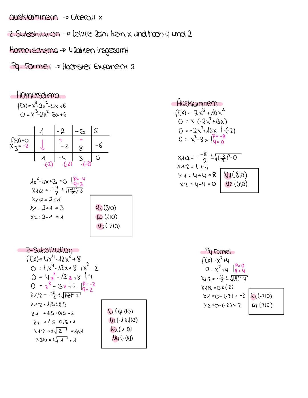 Nullstellen berechnen (hornerschema,z.substitution,pq formel,ausklammern)