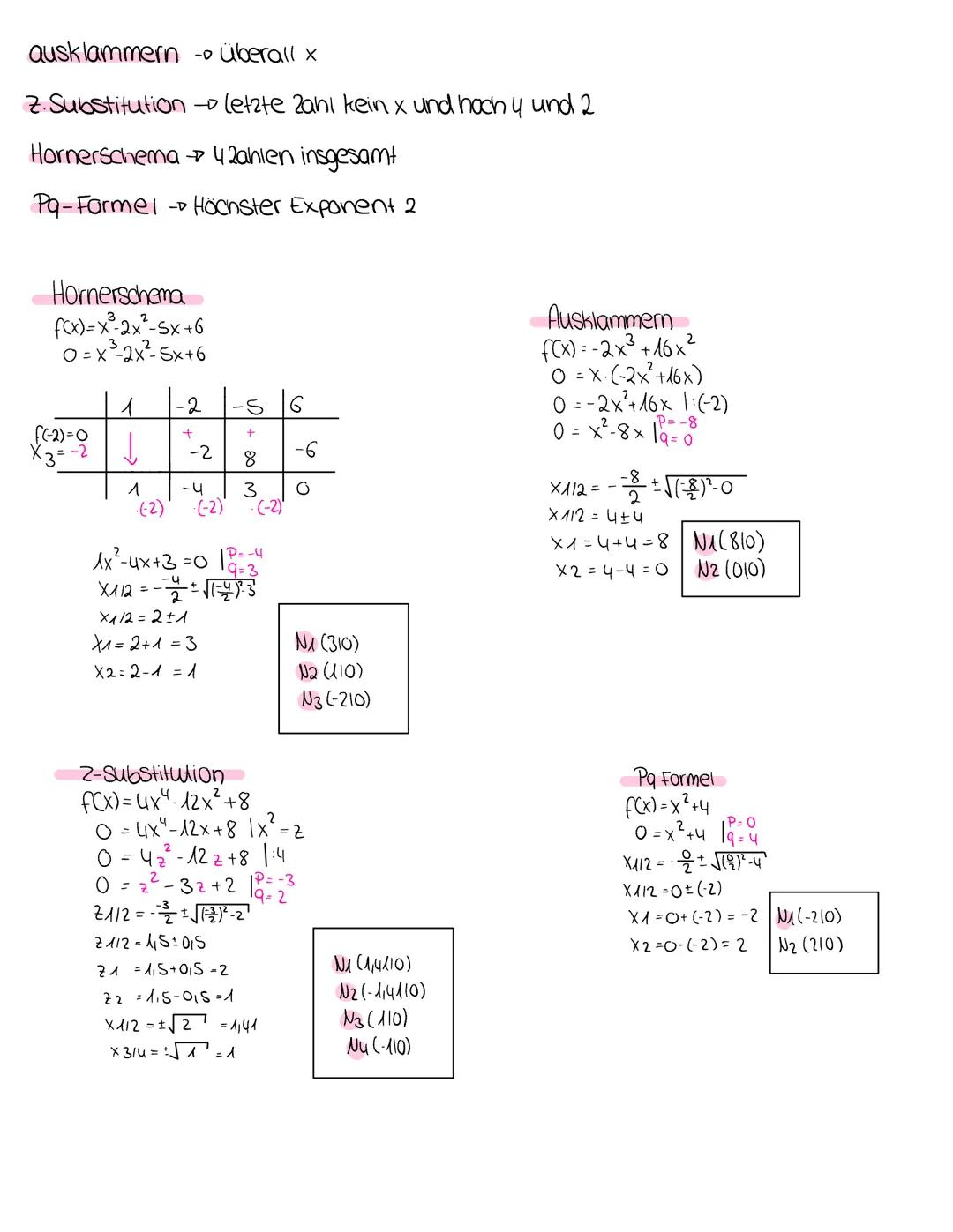 ausklammern - überall x
Z. Substitution → letzte Zahl kein x und hoch 4 und 2
Hornerschema →→ 42ahlen insgesamt
Pq-Formel
-D Höchster Expone