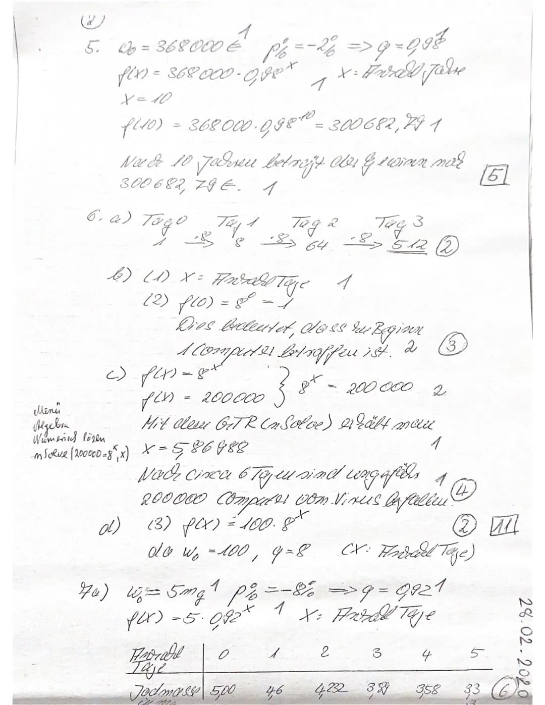 3. Test 10. Jg.
: Jill
Name:
Mathematik E-Kurs
Aufgabe 1
a) Gib aus der Wachstumsrate p% den Wachstumsfaktor q an.
P% = 5%
V
q = 1,05
9=1,00