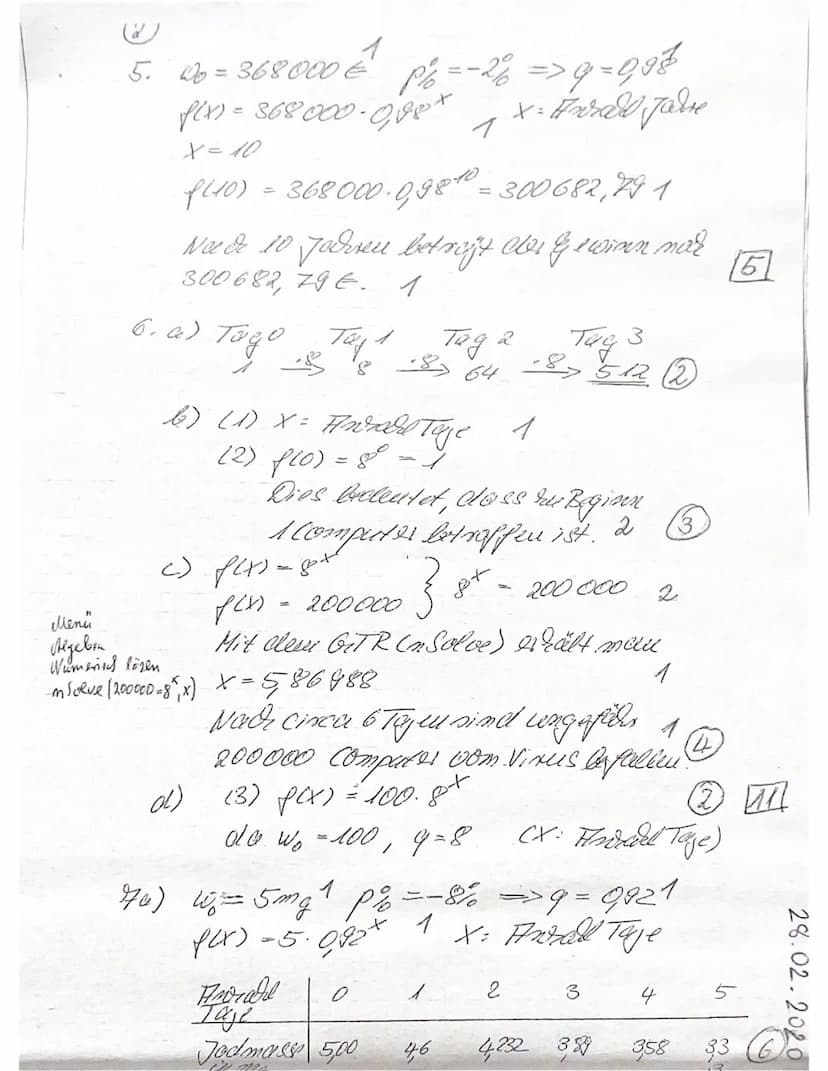 3. Test 10. Jg.
: Jill
Name:
Mathematik E-Kurs
Aufgabe 1
a) Gib aus der Wachstumsrate p% den Wachstumsfaktor q an.
P% = 5%
V
q = 1,05
9=1,00
