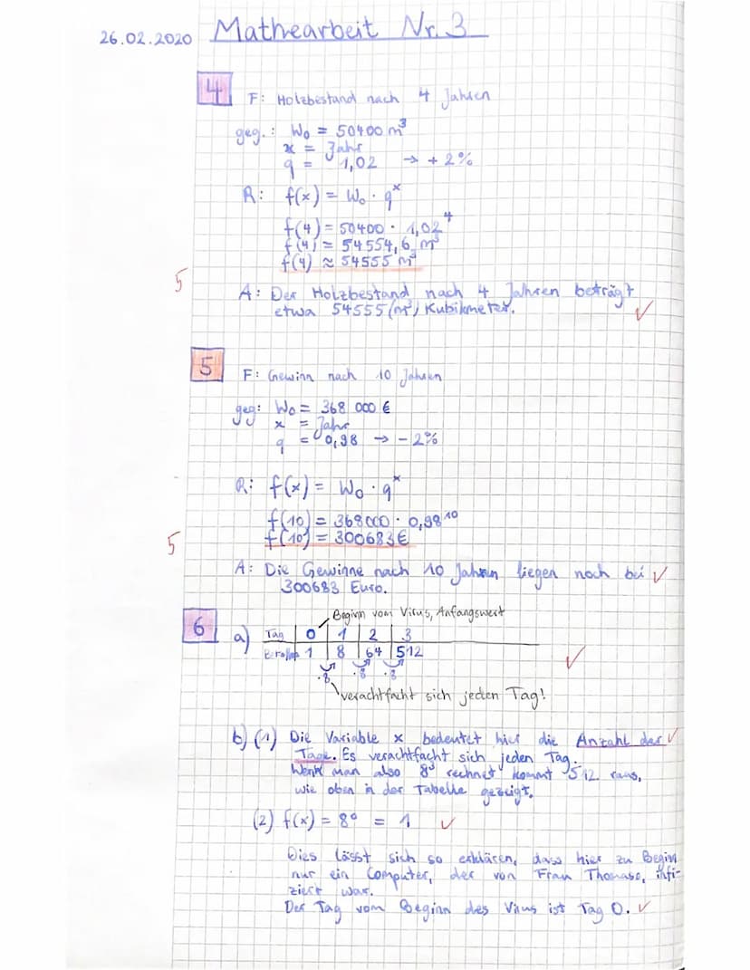 3. Test 10. Jg.
: Jill
Name:
Mathematik E-Kurs
Aufgabe 1
a) Gib aus der Wachstumsrate p% den Wachstumsfaktor q an.
P% = 5%
V
q = 1,05
9=1,00