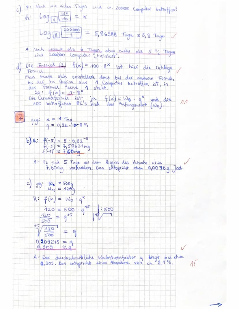 3. Test 10. Jg.
: Jill
Name:
Mathematik E-Kurs
Aufgabe 1
a) Gib aus der Wachstumsrate p% den Wachstumsfaktor q an.
P% = 5%
V
q = 1,05
9=1,00
