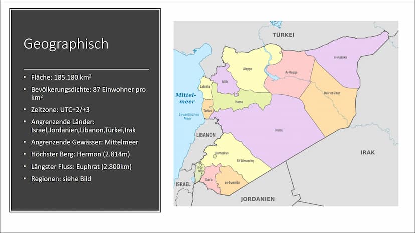 Syrien Gliederung
Allgemeine Fakten
Geographisch & Klima
Bevölkerung
Geschichte
Kultur
Politik & Wirtschaft
Tourismus
• Sehenswürdigkeiten &