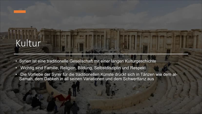 Syrien Gliederung
Allgemeine Fakten
Geographisch & Klima
Bevölkerung
Geschichte
Kultur
Politik & Wirtschaft
Tourismus
• Sehenswürdigkeiten &