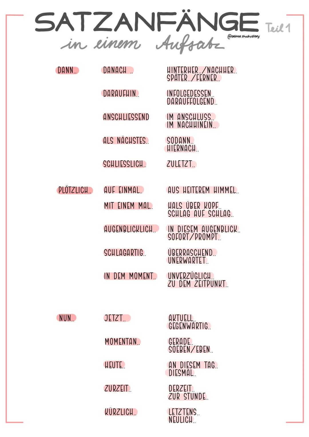 Satzanfänge bei einem Aufsatz