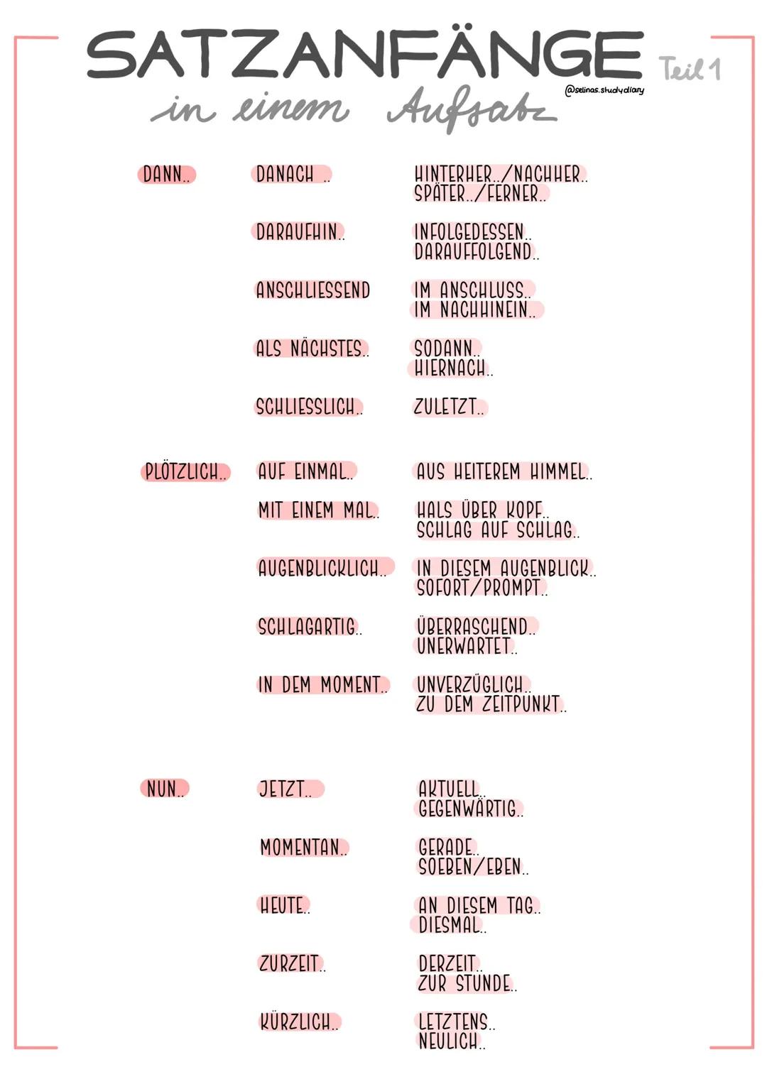 SATZANFÄNGE
ALSO.. DAHER..
ABER..
DESWEGEN...
AUS DIESEM GRUND.. AUFGRUND DESSEN..
INFOLGEDESSEN..
EBENDARUM..
SO..
SOMIT..
ERGO..
DADURCH..