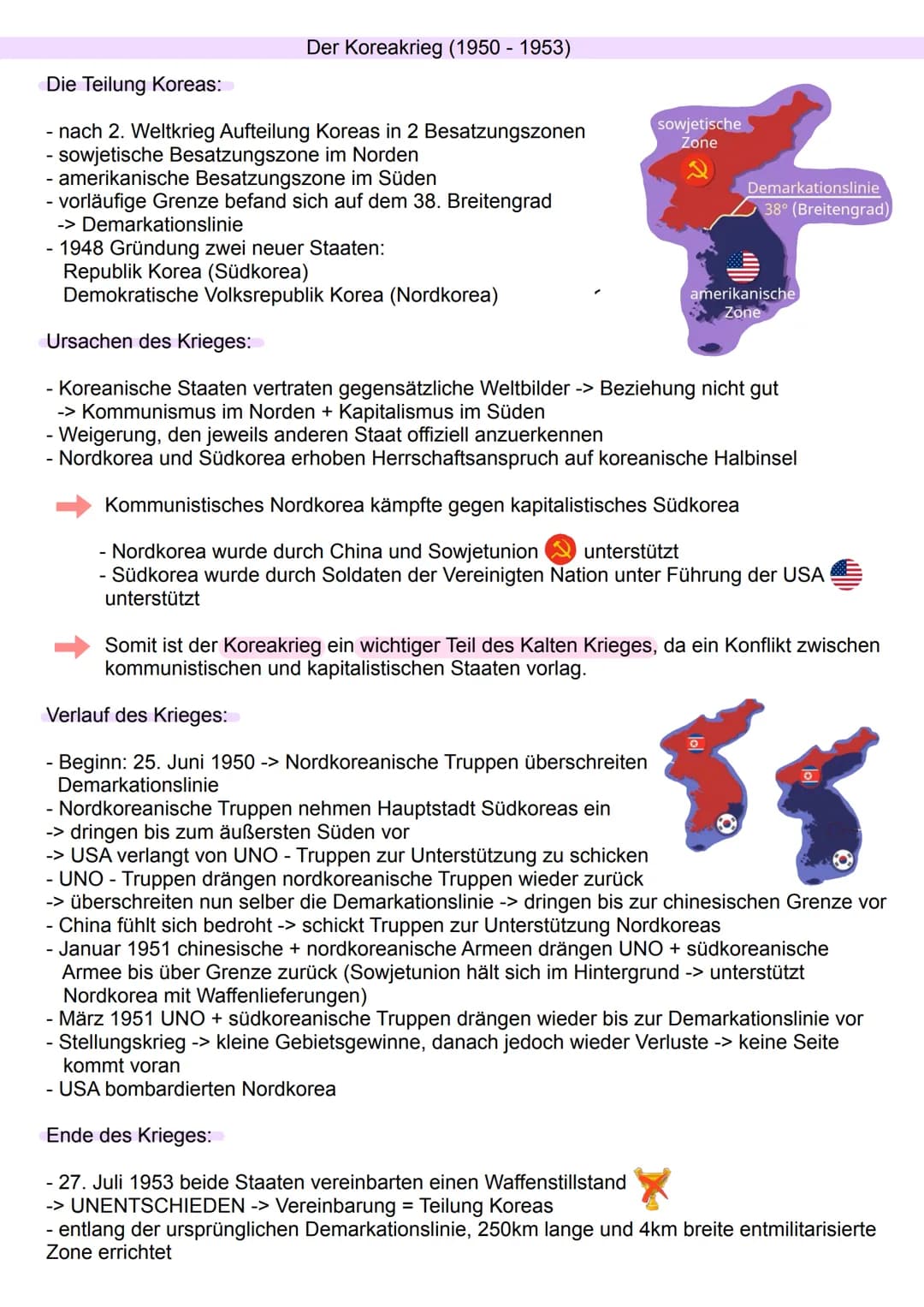 Der Koreakrieg (1950 - 1953)
Die Teilung Koreas:
nach 2. Weltkrieg Aufteilung Koreas in 2 Besatzungszonen
- sowjetische Besatzungszone im No