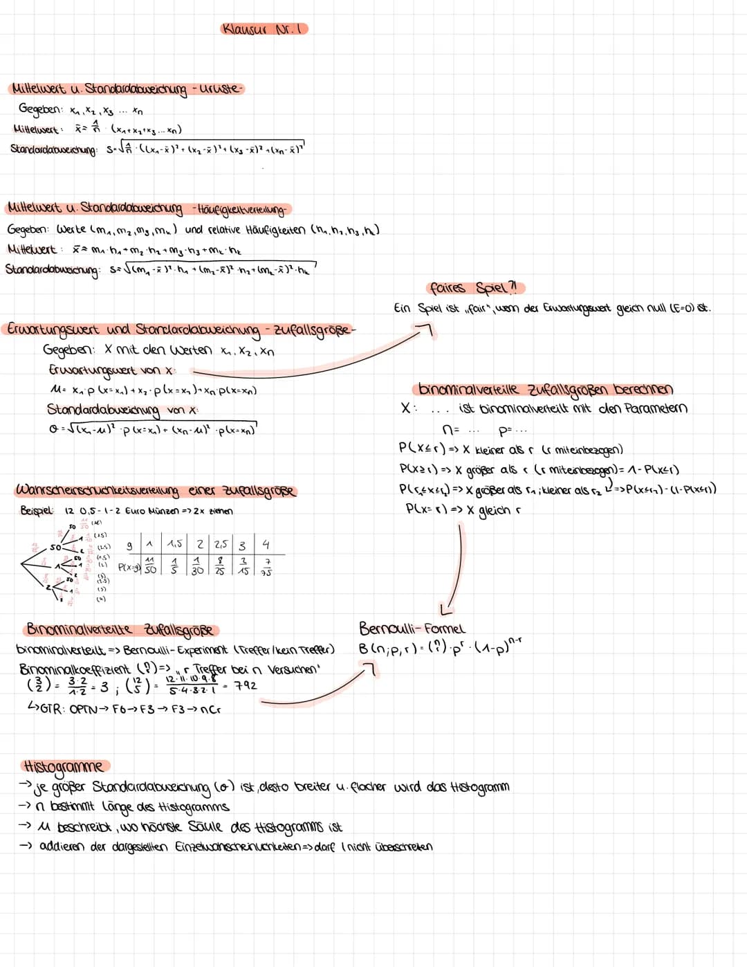 Mittelwert u. Standardabweichung -urliste-
Gegeben: X₁₁ X₂ X3... Xn
Mittelwert F= (x₁+x₂+x3...xn)
Standardabweichung: S=√₁ · ((x₁ - x)² + (x