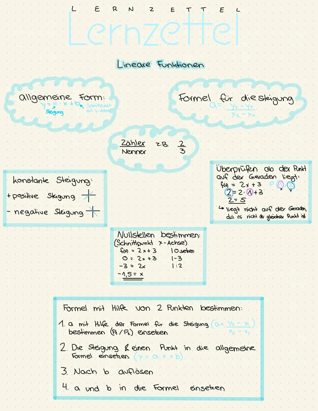 L
ERN ZETTEL
# Lernzettel

## Lineare Funktionen

allgemeine Form:
y = mx + bx Schwill punkt
Sleigung

konstante Steigung:
+ positive Skigun
