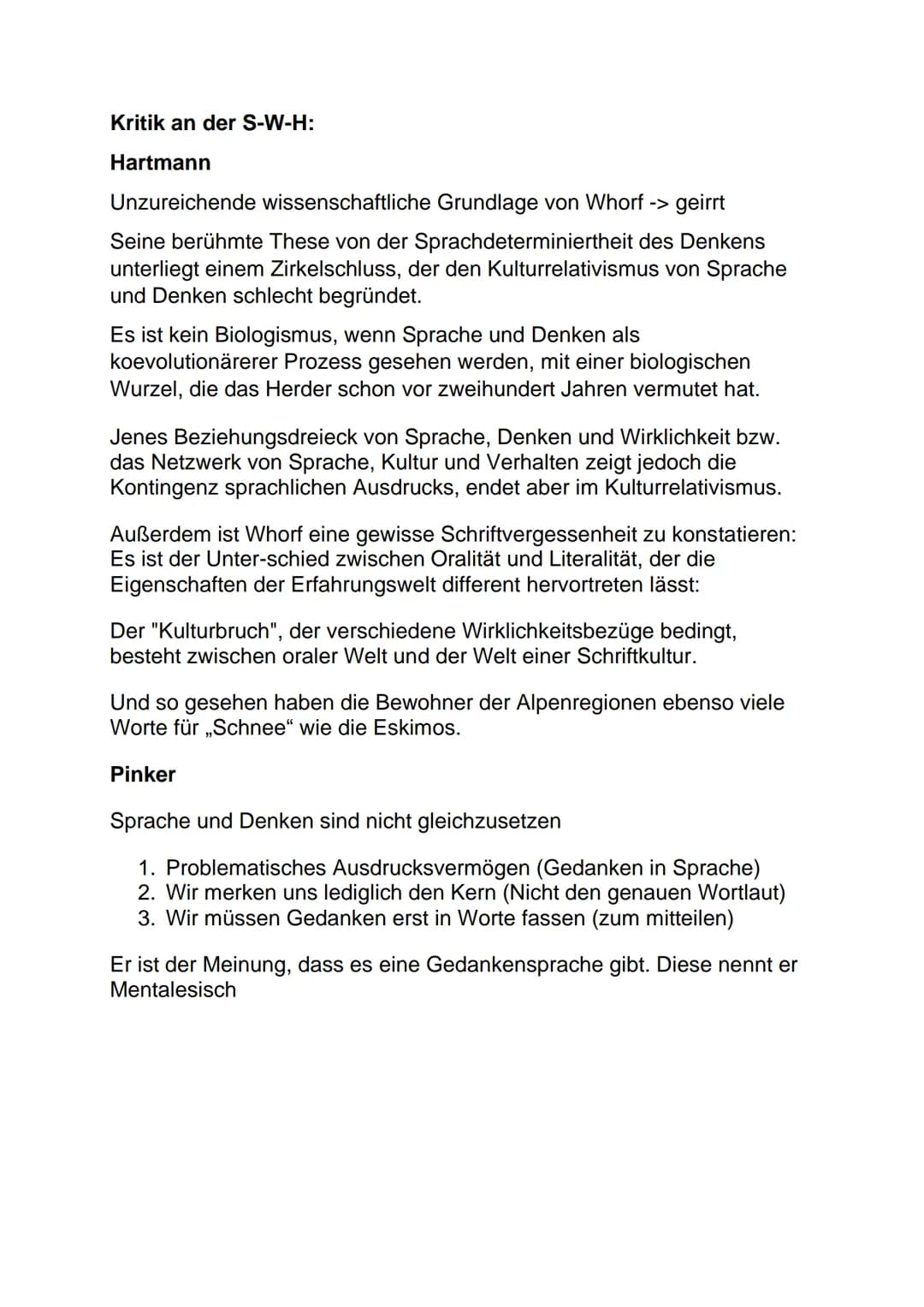 Deutsch LK Klausur - Sprache, Denken, Wirklichkeit
Sapir-Whorf-Hypothese:
Diese Hypothese besagt, nach den zwei Wissenschaftlern Benjamin Le
