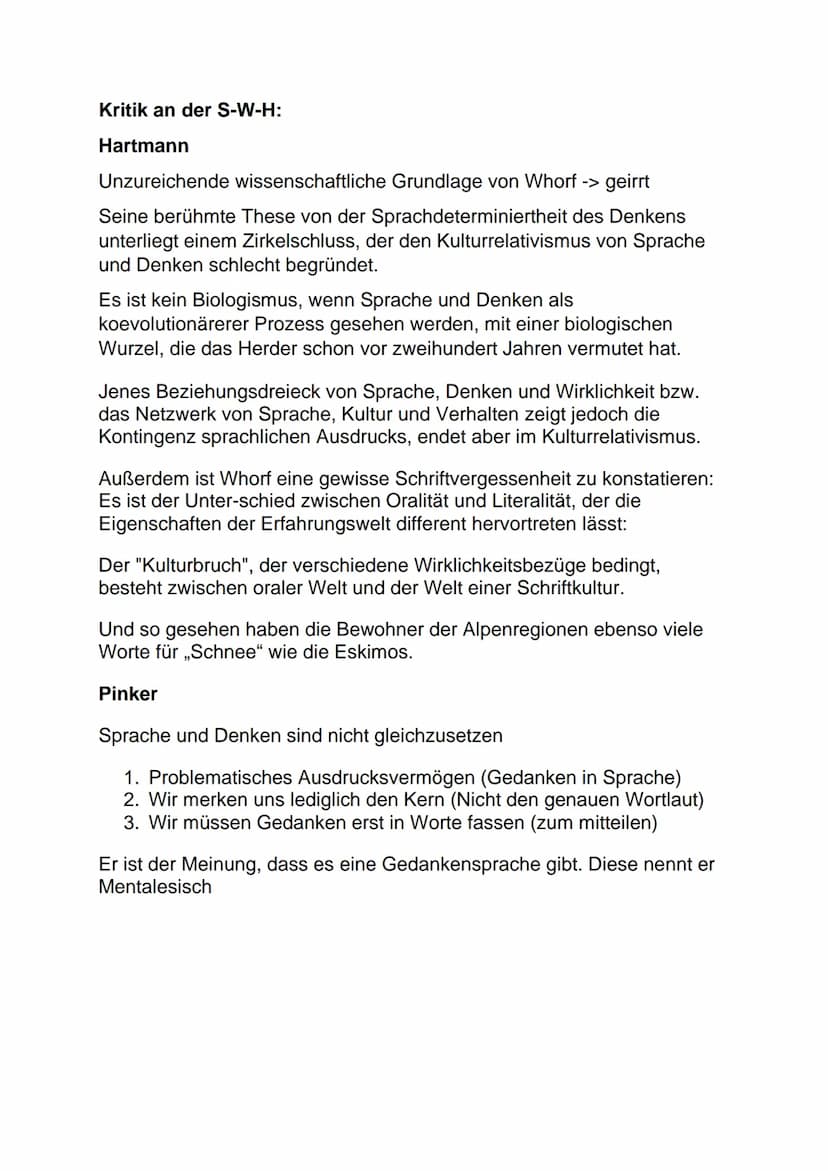 Deutsch LK Klausur - Sprache, Denken, Wirklichkeit
Sapir-Whorf-Hypothese:
Diese Hypothese besagt, nach den zwei Wissenschaftlern Benjamin Le