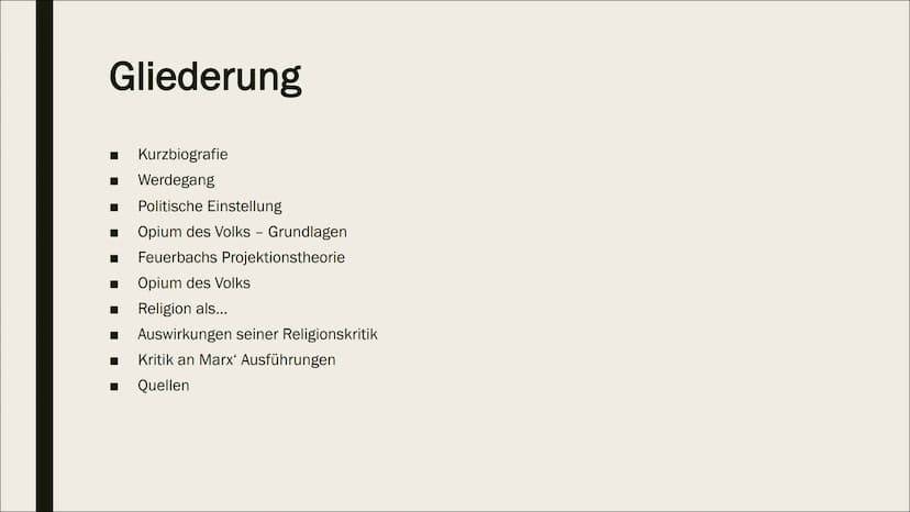 KARL MARX
Religionskritik Gliederung
■ Werdegang
■
Kurzbiografie
■
Politische Einstellung
Opium des Volks - Grundlagen
Feuerbachs Projektion