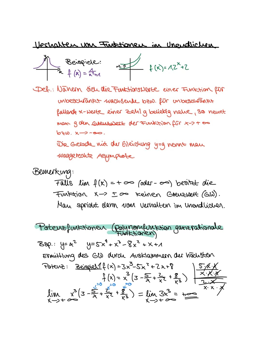 Verhalten von Funktionen im Unendlichen
4
#
Def.: Nähern sich die Funktionswerte einer Funktion für
unbeschränkt wachsende bzw. für unbeschr