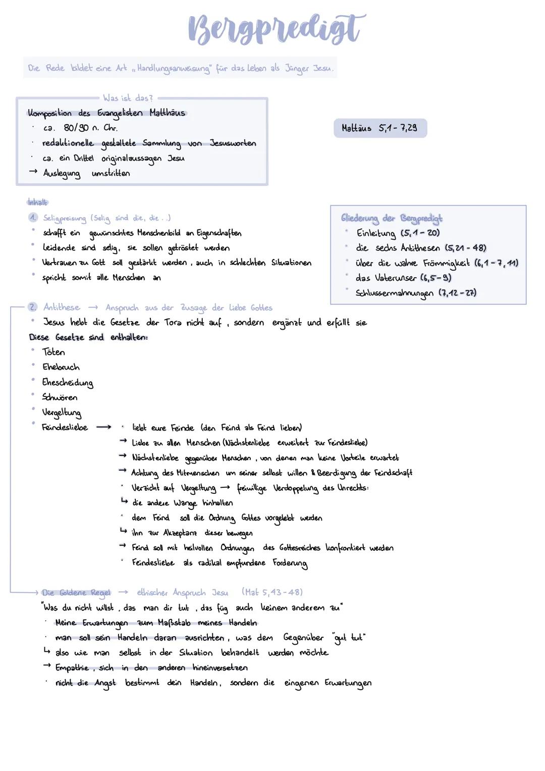 # Bergpredigt

Die Rede bildet eine Art, Handlungsanweisung" für das Leben als Jünger Jesu.

Was ist das?

Komposition des Evangelisten Matt