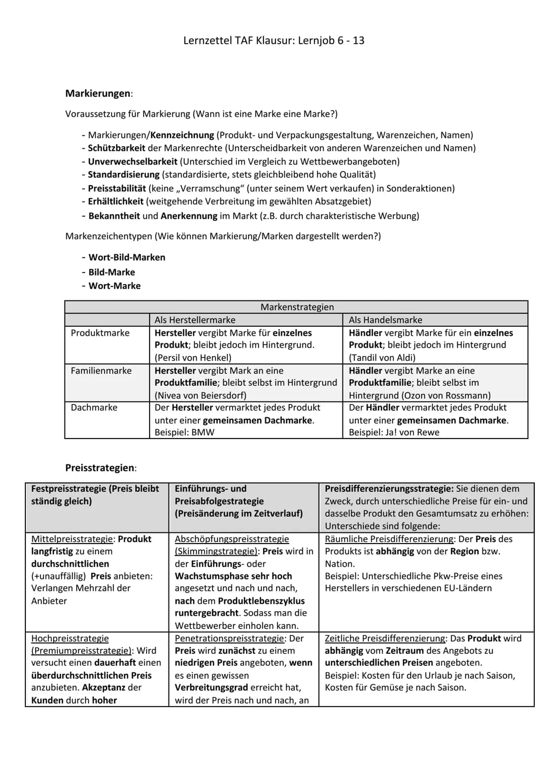 Themenbereiche der Portfoliomatrix:
Marktwachstum
10%
5%
Lernzettel TAF Klausur: Lernjob 6 - 13
0
?
Question Marks
Poor Dogs
1
Stars
Cash Co