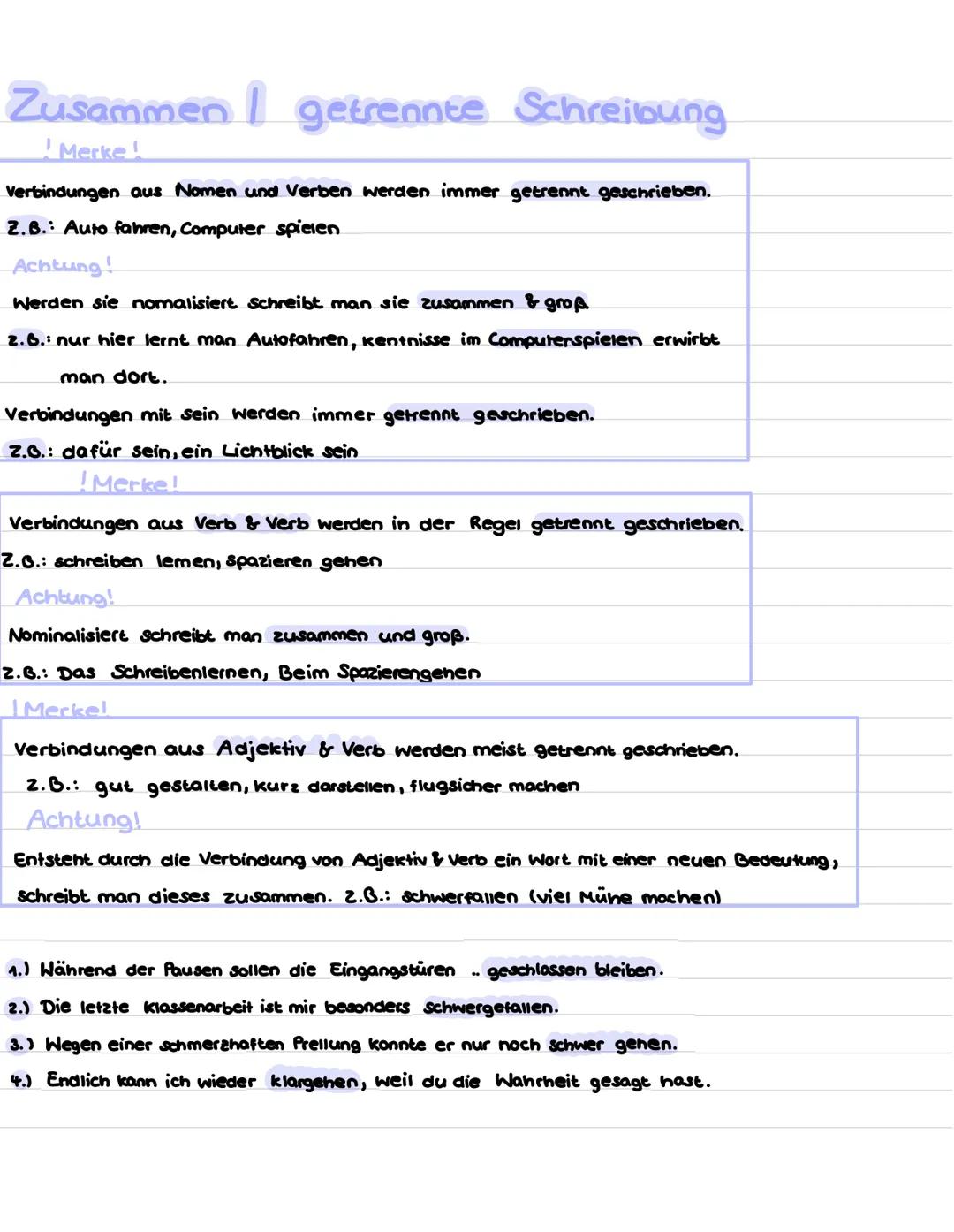 Zusammen 1 getrennte Schreibung
!Merke!
Verbindungen aus Nomen und Verben werden immer getrennt geschrieben.
Z.B.: Auto fahren, Computer spi