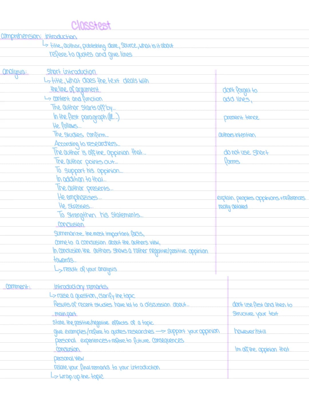comprehension: introduction
analysis
Classtest
↳
title, author, publishing date, Source, what is it about
refere to quotes and give lines
Co
