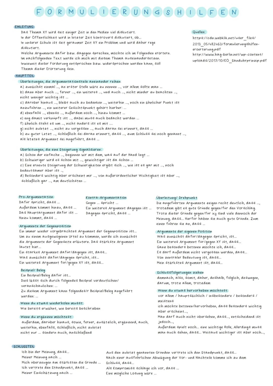 Gegen-
position
eigene
Position
Pro und Kontra oder dialektische Erörterung
argumentative Darstellung deiner Position zu einer Streitfrage
B