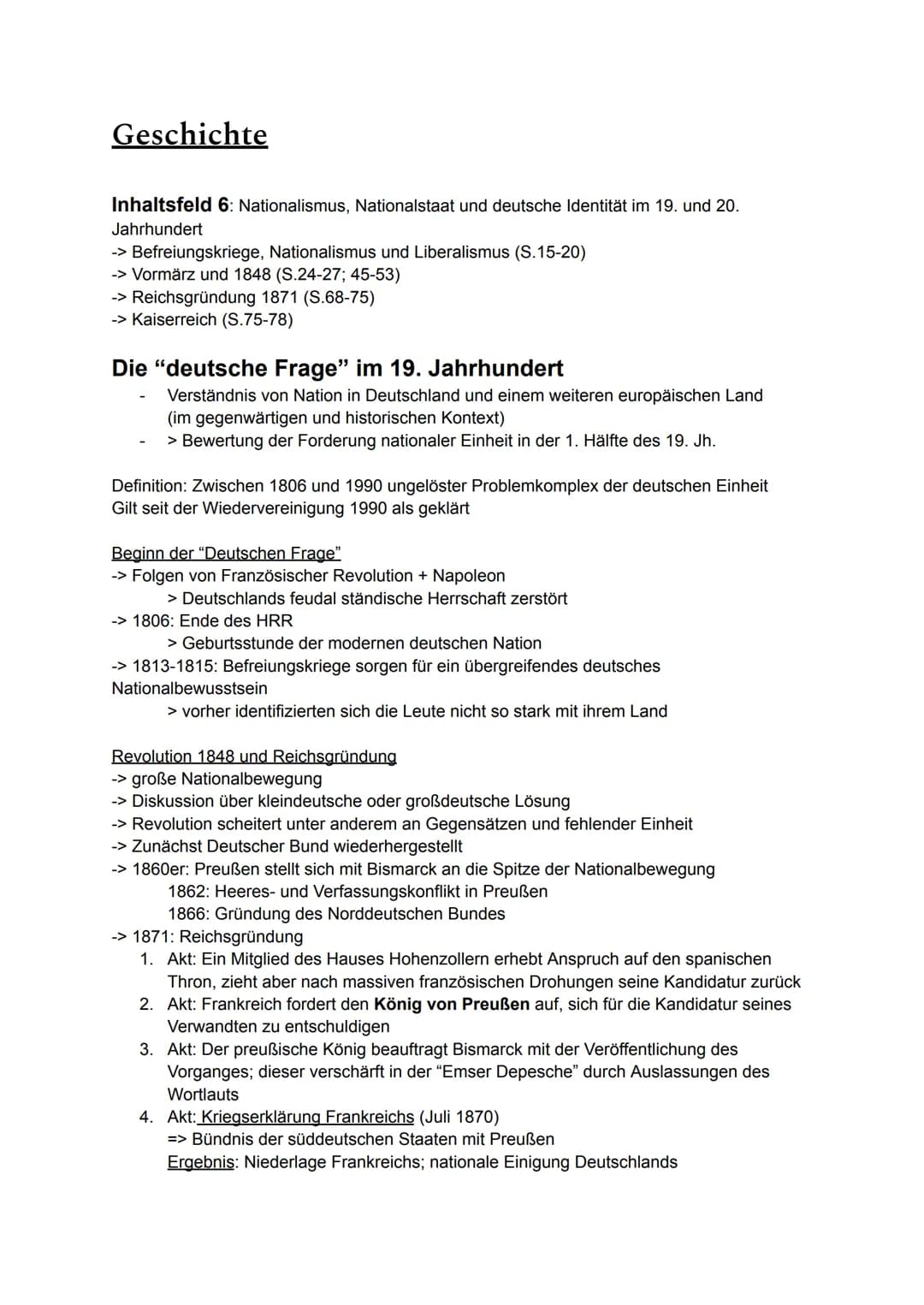 Geschichte
Inhaltsfeld 6: Nationalismus, Nationalstaat und deutsche Identität im 19. und 20.
Jahrhundert
-> Befreiungskriege, Nationalismus 